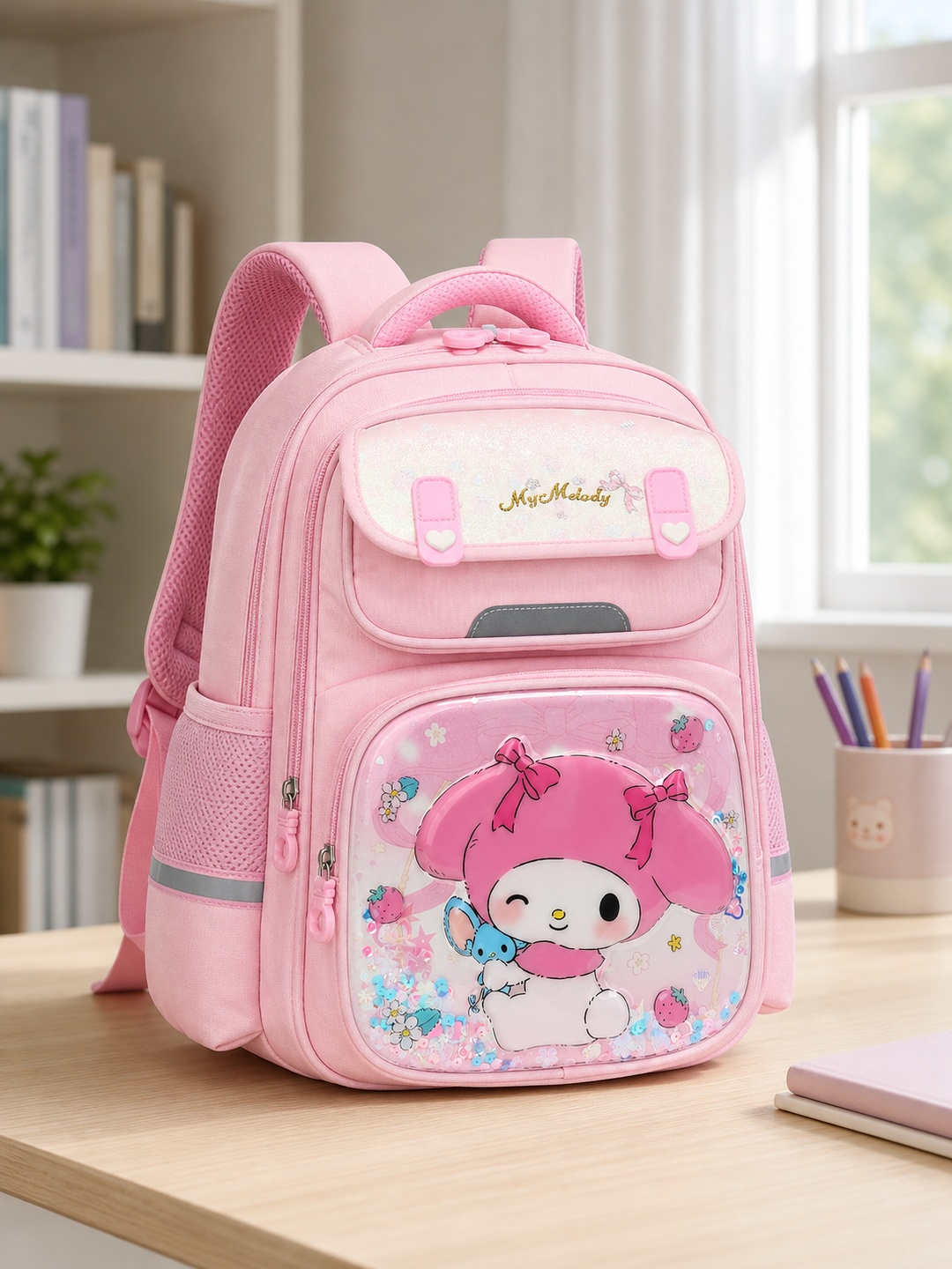 Girls Pink Graphic Print Zip Closure Backpack - Primary