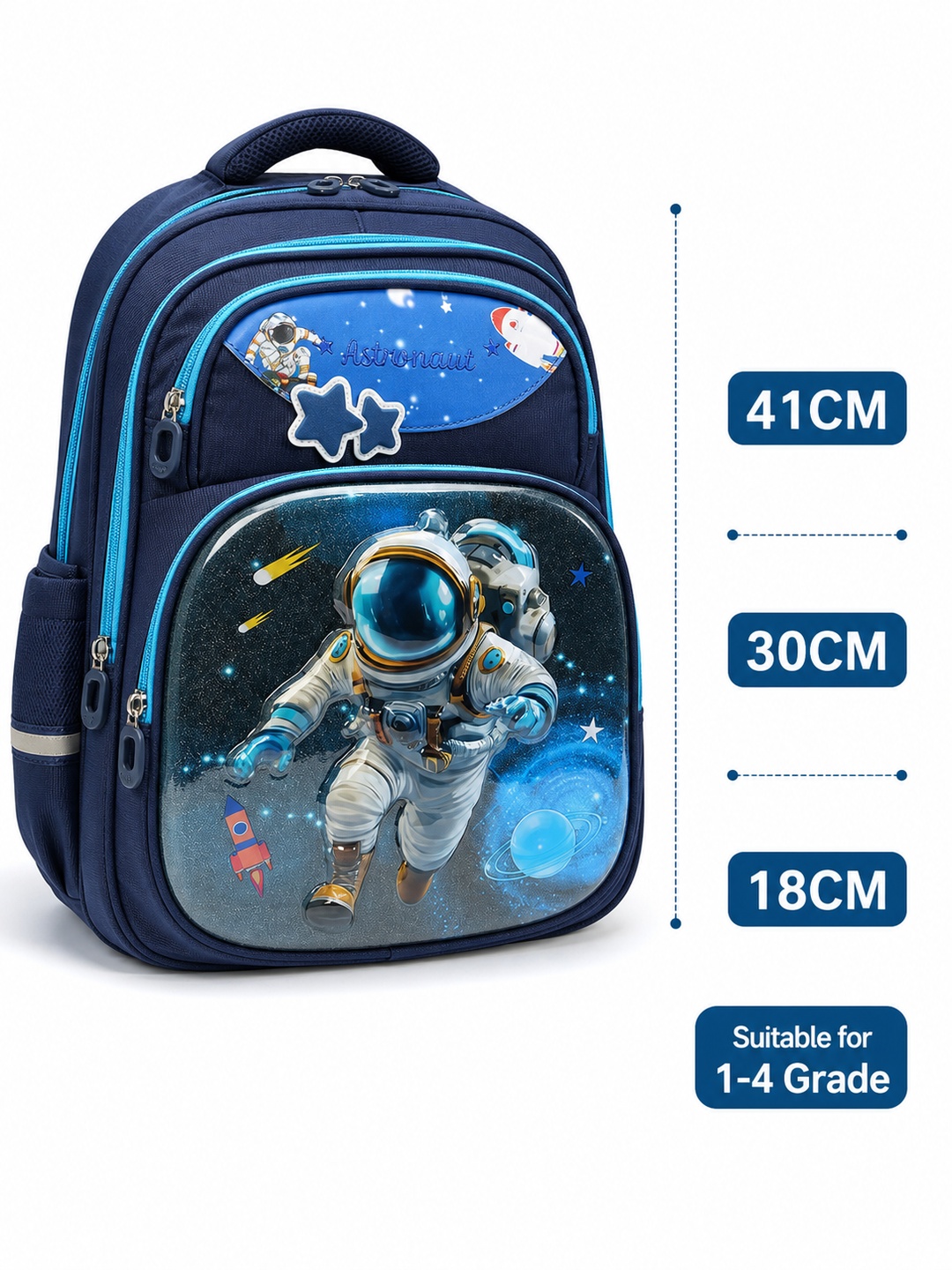 Kids Navy Blue Astronauts Print Zip Closure Backpack 