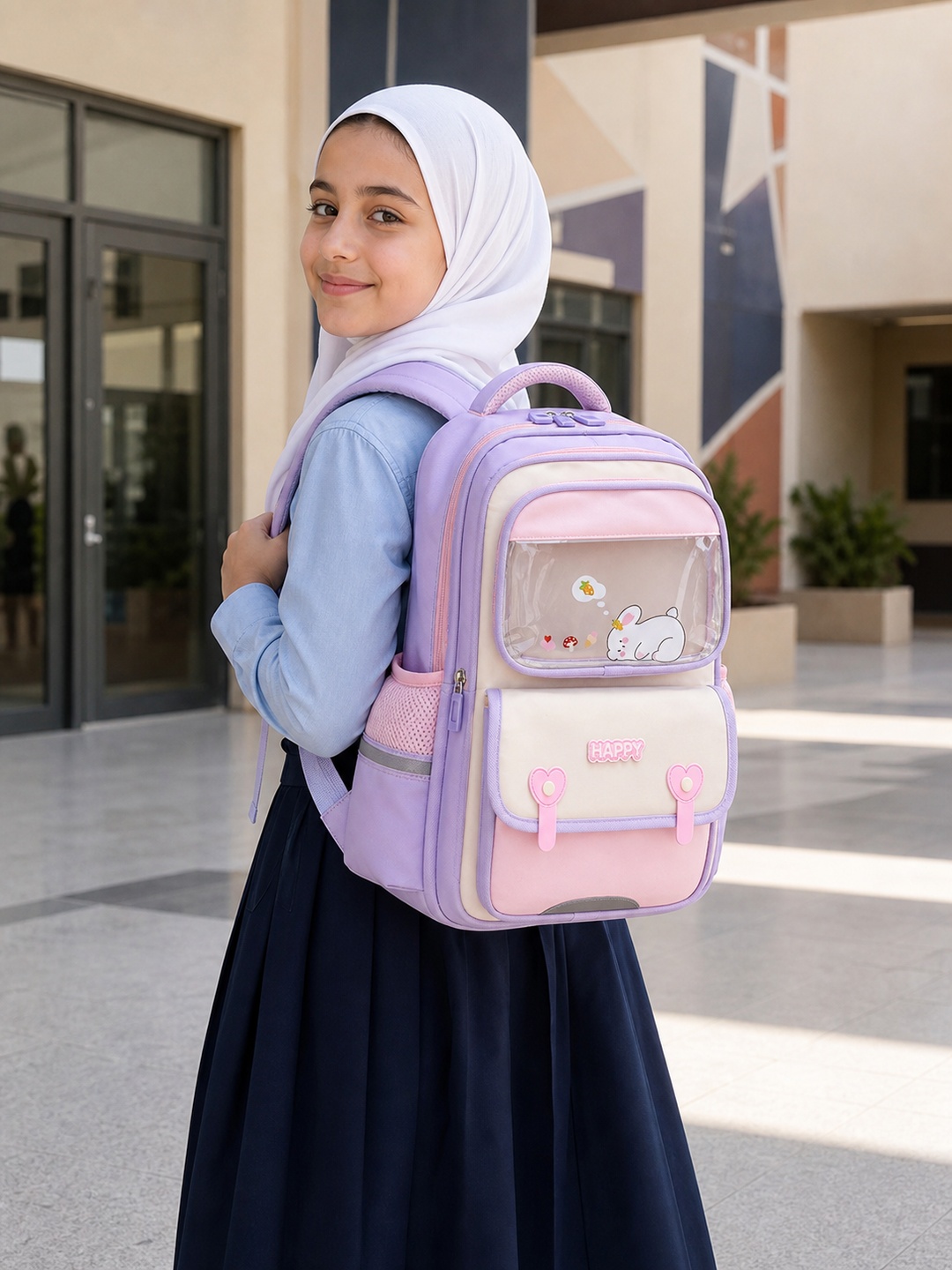 Girls Bunny Print Zip Closure Backpack