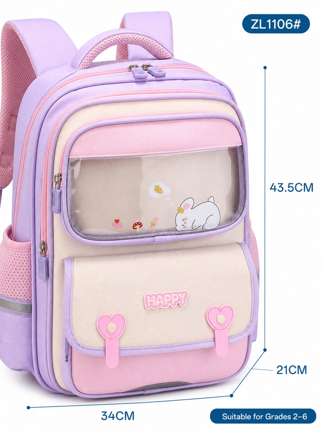 Girls Bunny Print Zip Closure Backpack