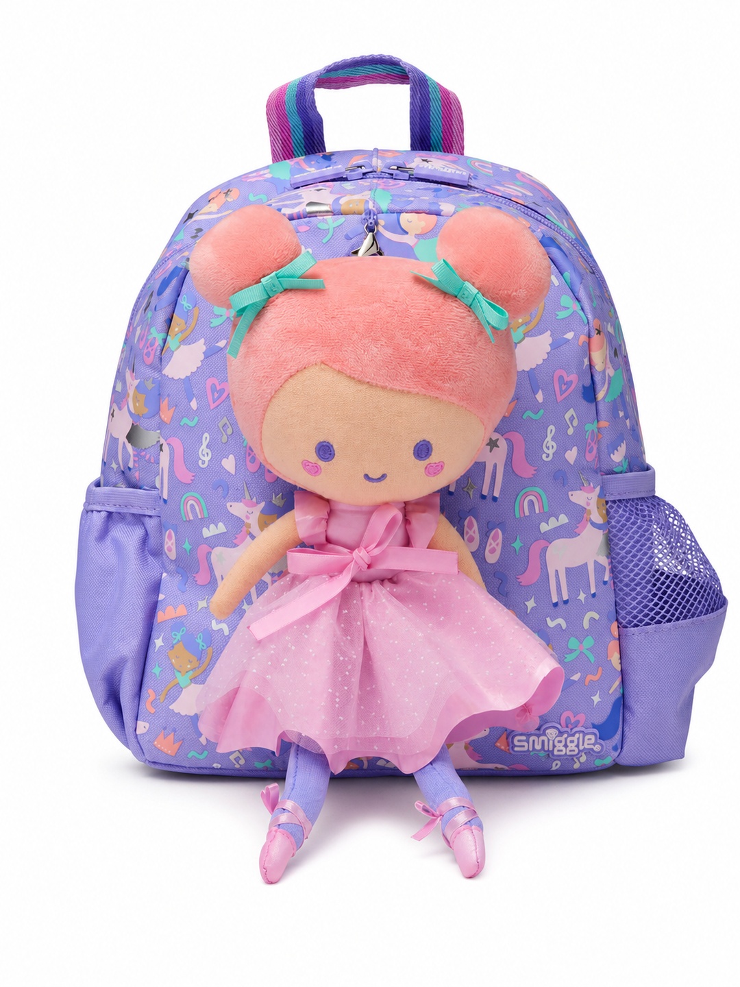 Girls Purple Printed Backpack with Ballerina Doll Charm
