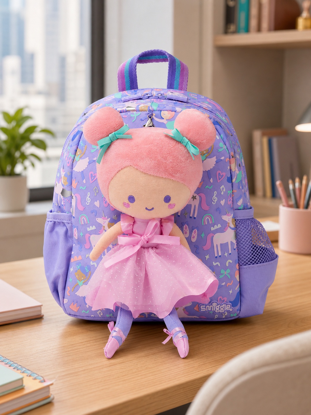 Girls Purple Printed Backpack with Ballerina Doll Charm