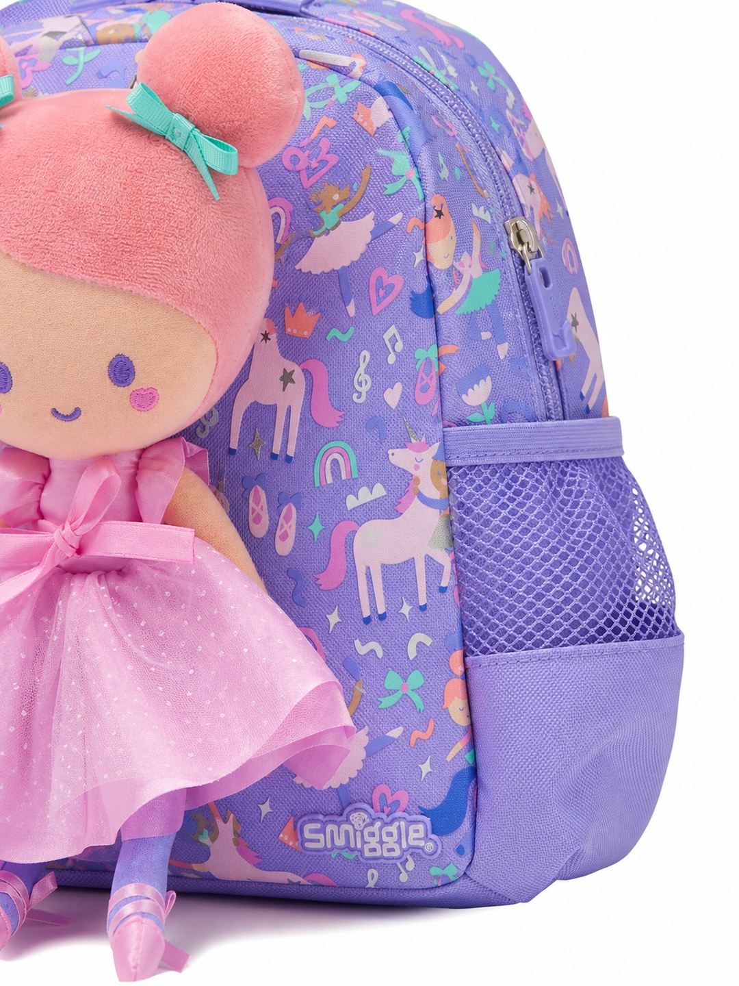 Girls Purple Printed Backpack with Ballerina Doll Charm