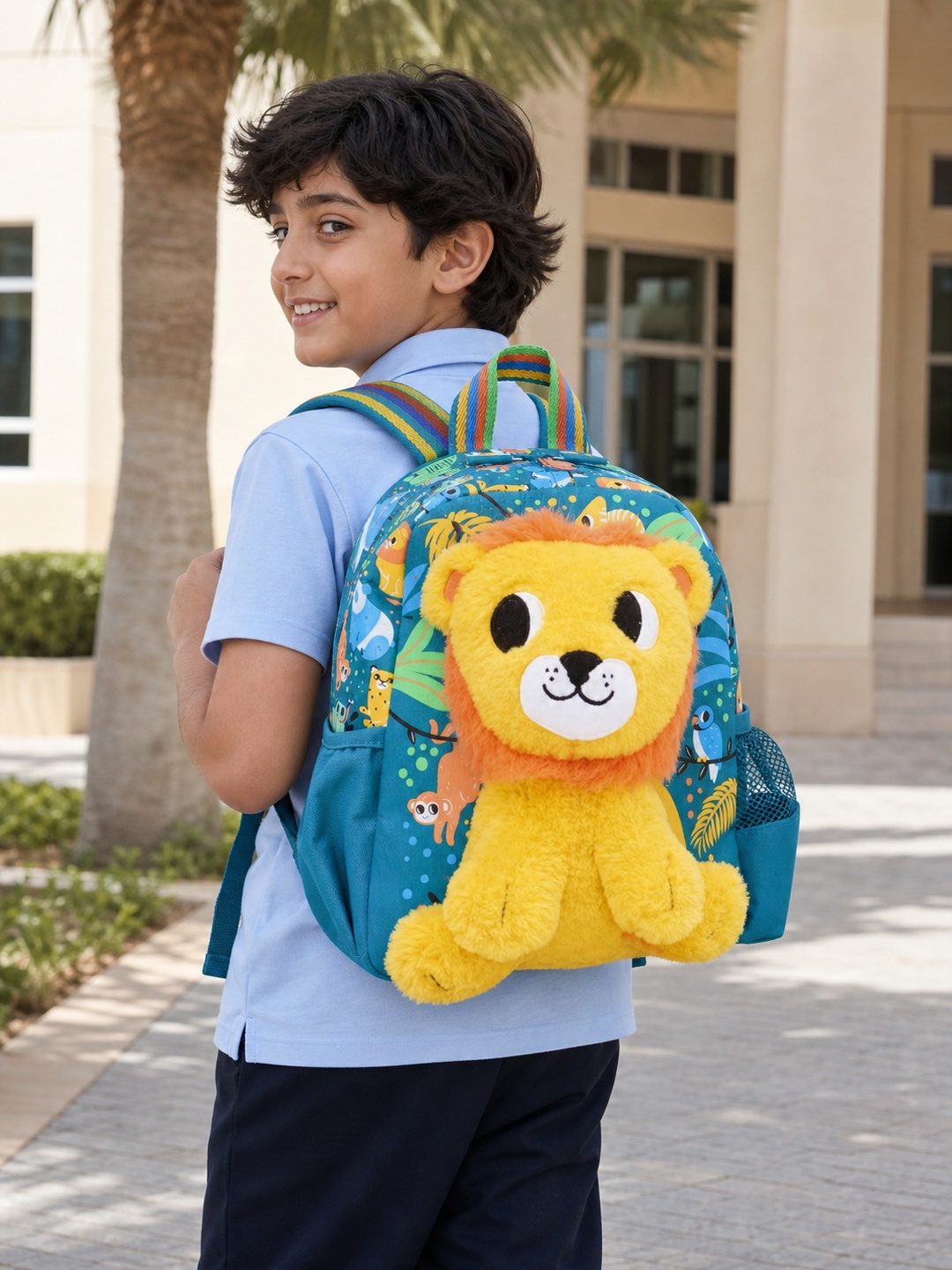 Boys Graphic Print Backpack with Lion Doll Charm