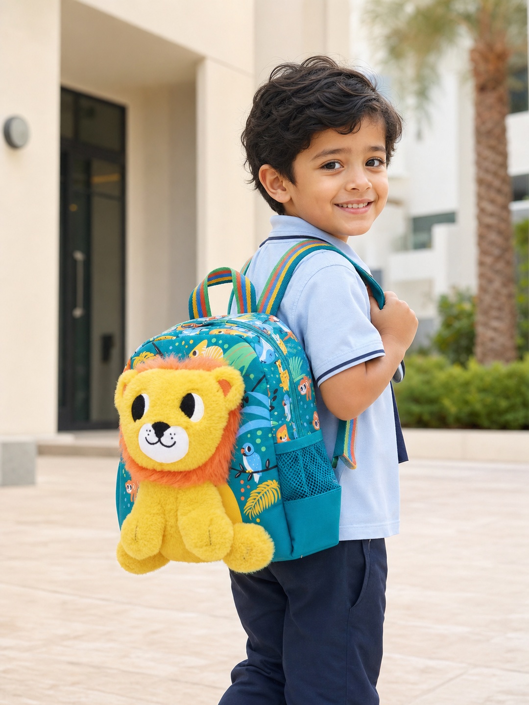 Boys Graphic Print Backpack with Lion Doll Charm