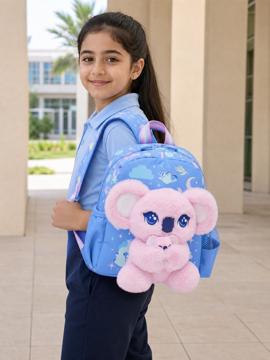 Girls Graphic Print Backpack with Koala Doll Charm
