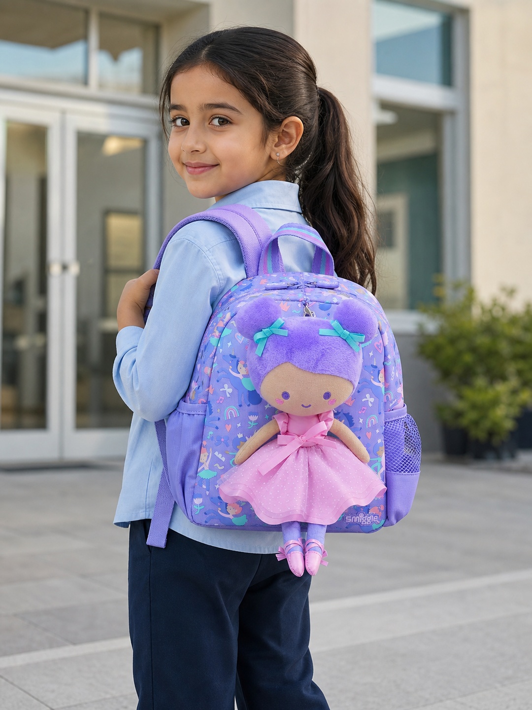 Girls Graphic Print Backpack with Ballerina Doll Charm