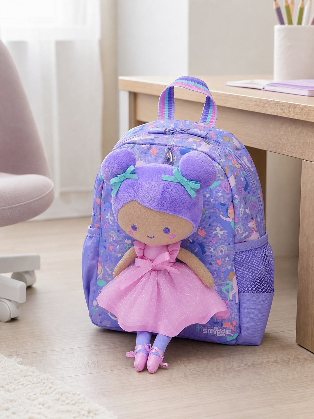 Girls Graphic Print Backpack with Ballerina Doll Charm