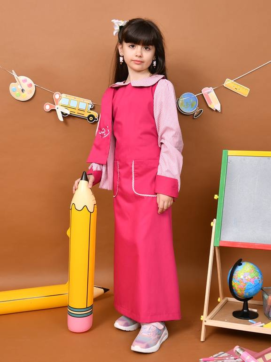 Girls Pink Checkered Sleeves and Collar Dress