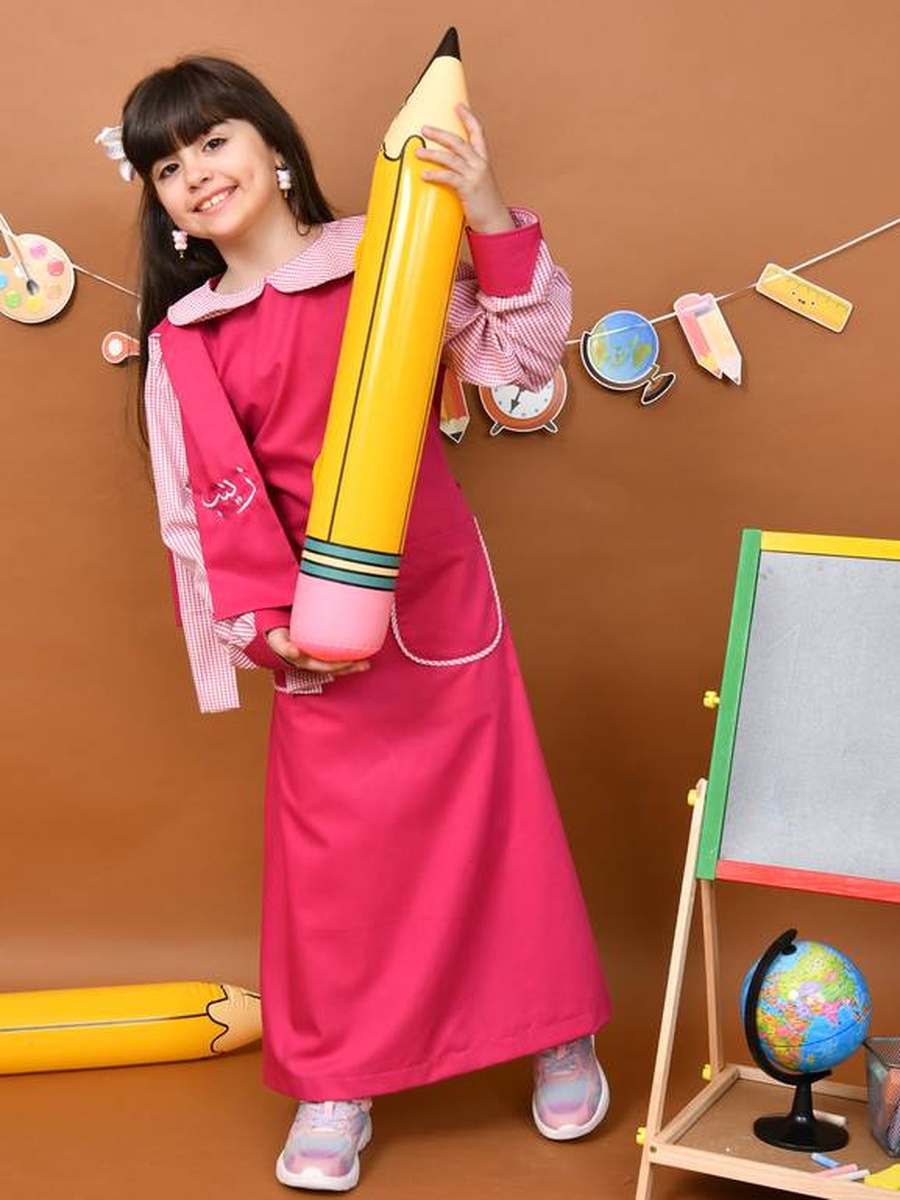Girls Pink Checkered Sleeves and Collar Dress