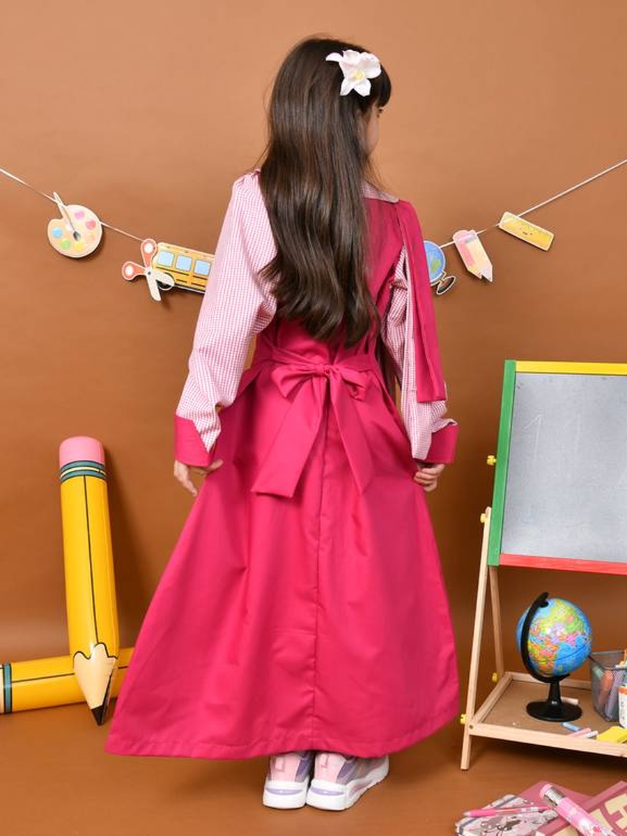Girls Pink Checkered Sleeves and Collar Dress