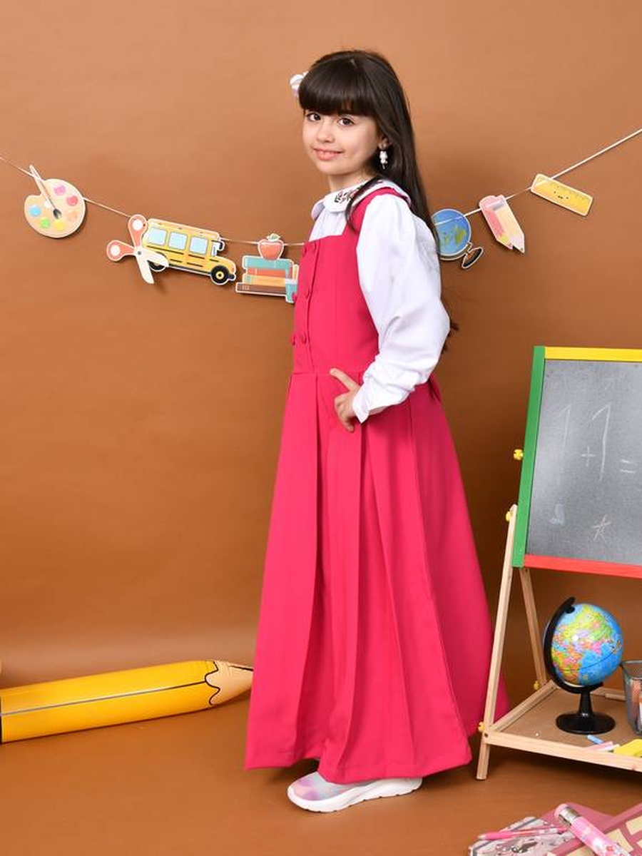 Girls Fuchsia Soft Pleats Pinafore Dress with Front Button