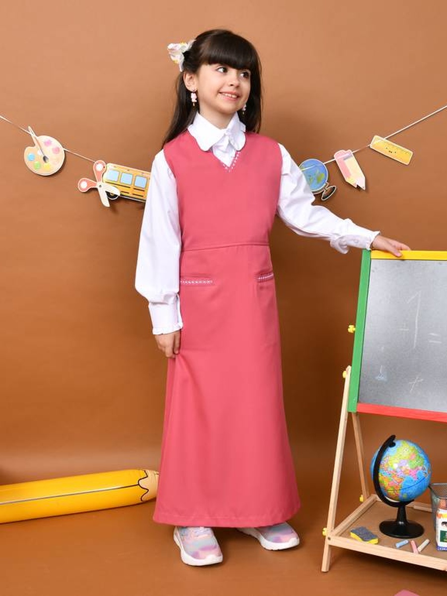 Girls Pink Embroidered Trim V Neck Pinafore Dress