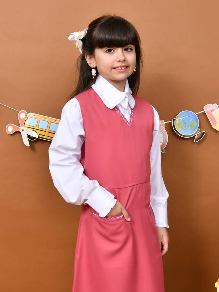 Girls Pink Embroidered Trim V Neck Pinafore Dress