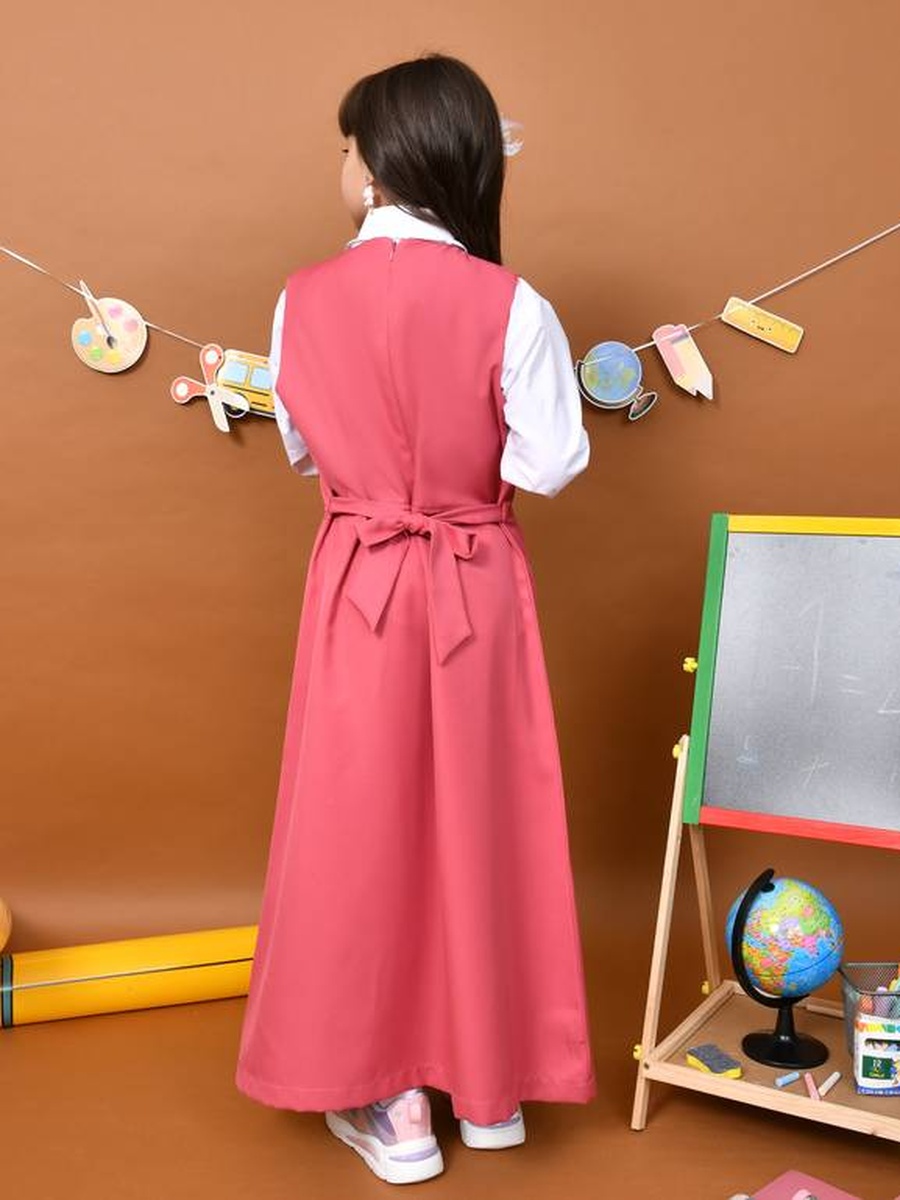 Girls Pink Embroidered Trim V Neck Pinafore Dress