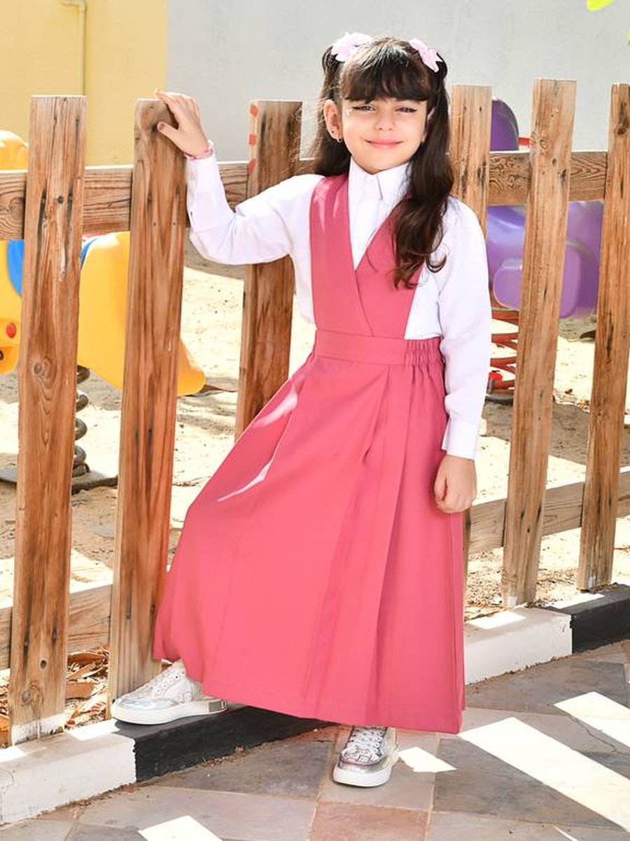 Girls Pink V-Shaped Bodice Side Gathering Detail Pinafore Dress