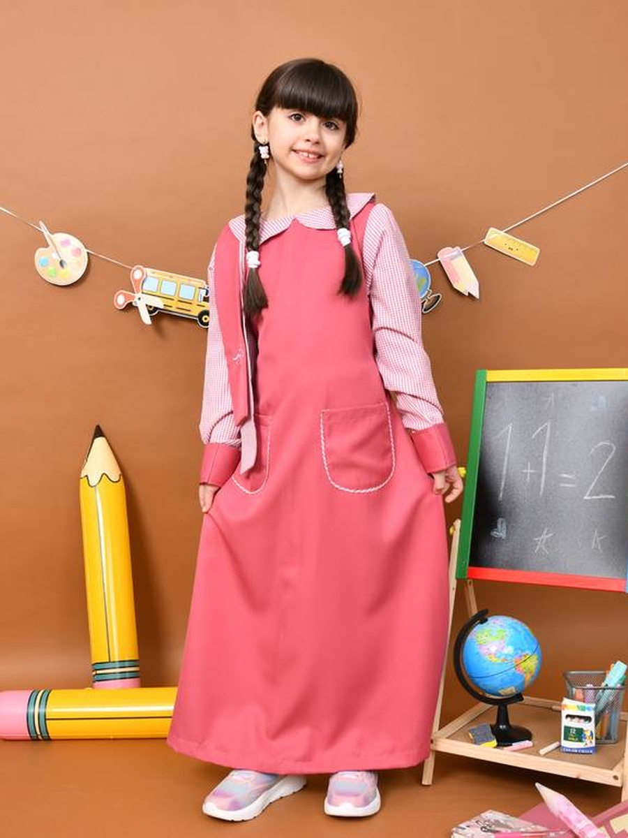 Girls Pink Checkered Sleeves and Collar Side Panel Dress