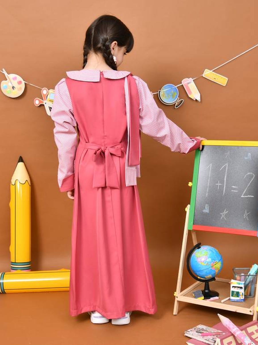 Girls Pink Checkered Sleeves and Collar Side Panel Dress