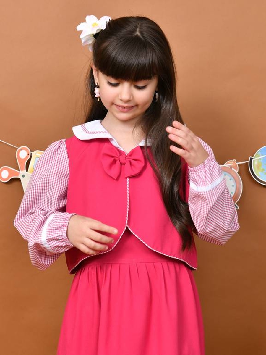 Girls Fuchsia Checkered Sleeves Bow Detail Pinafore Dress with Vest