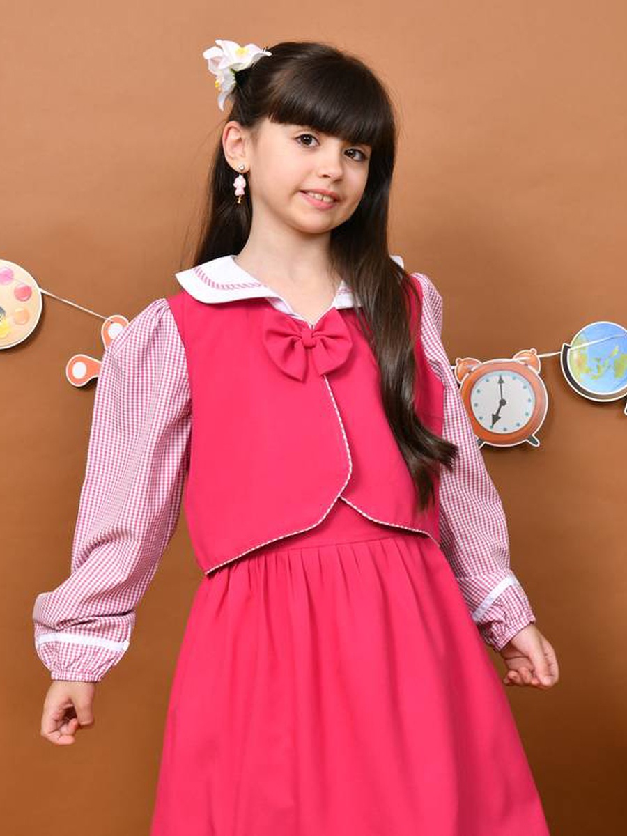 Girls Fuchsia Checkered Sleeves Bow Detail Pinafore Dress with Vest