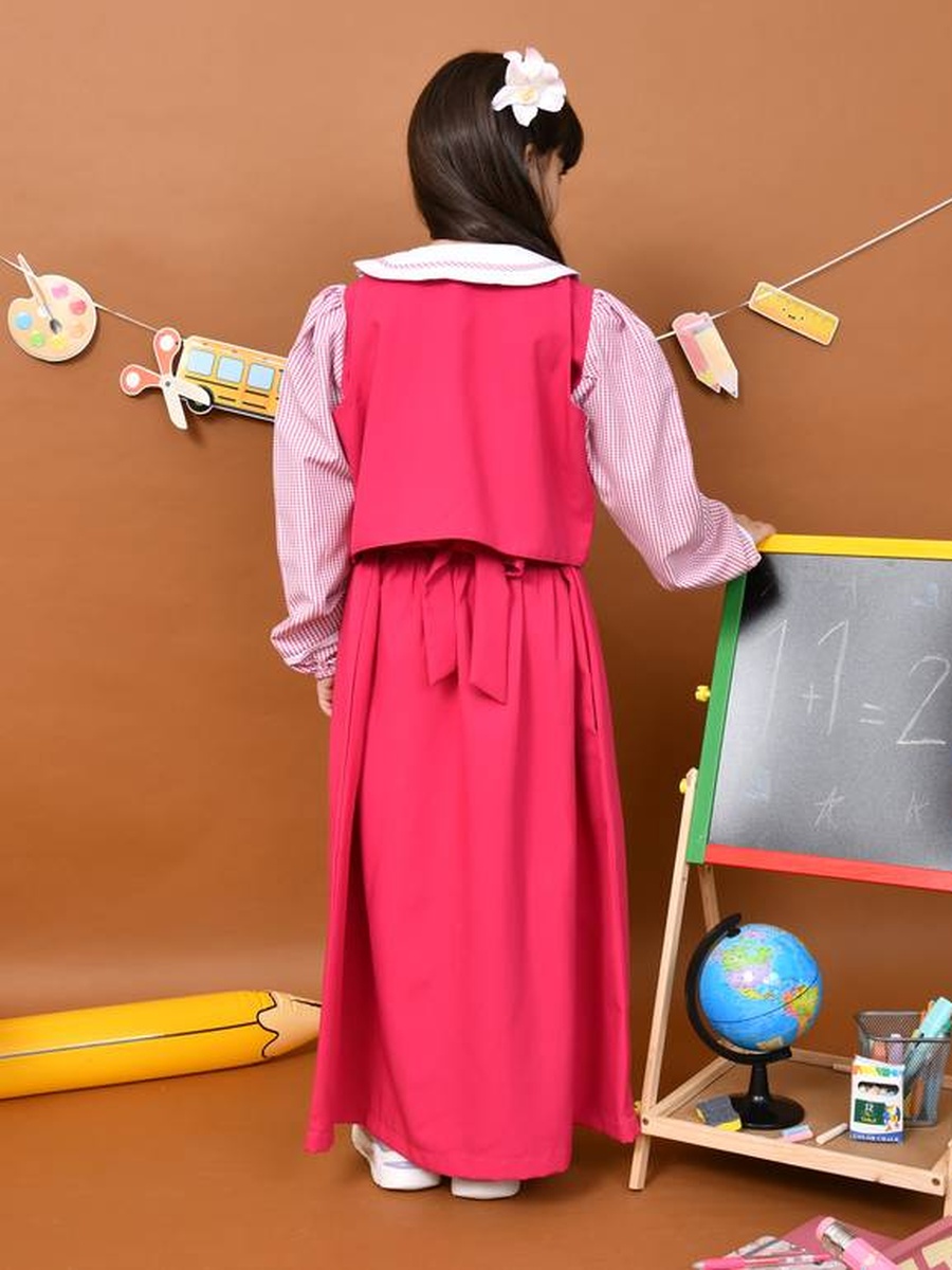 Girls Fuchsia Checkered Sleeves Bow Detail Pinafore Dress with Vest