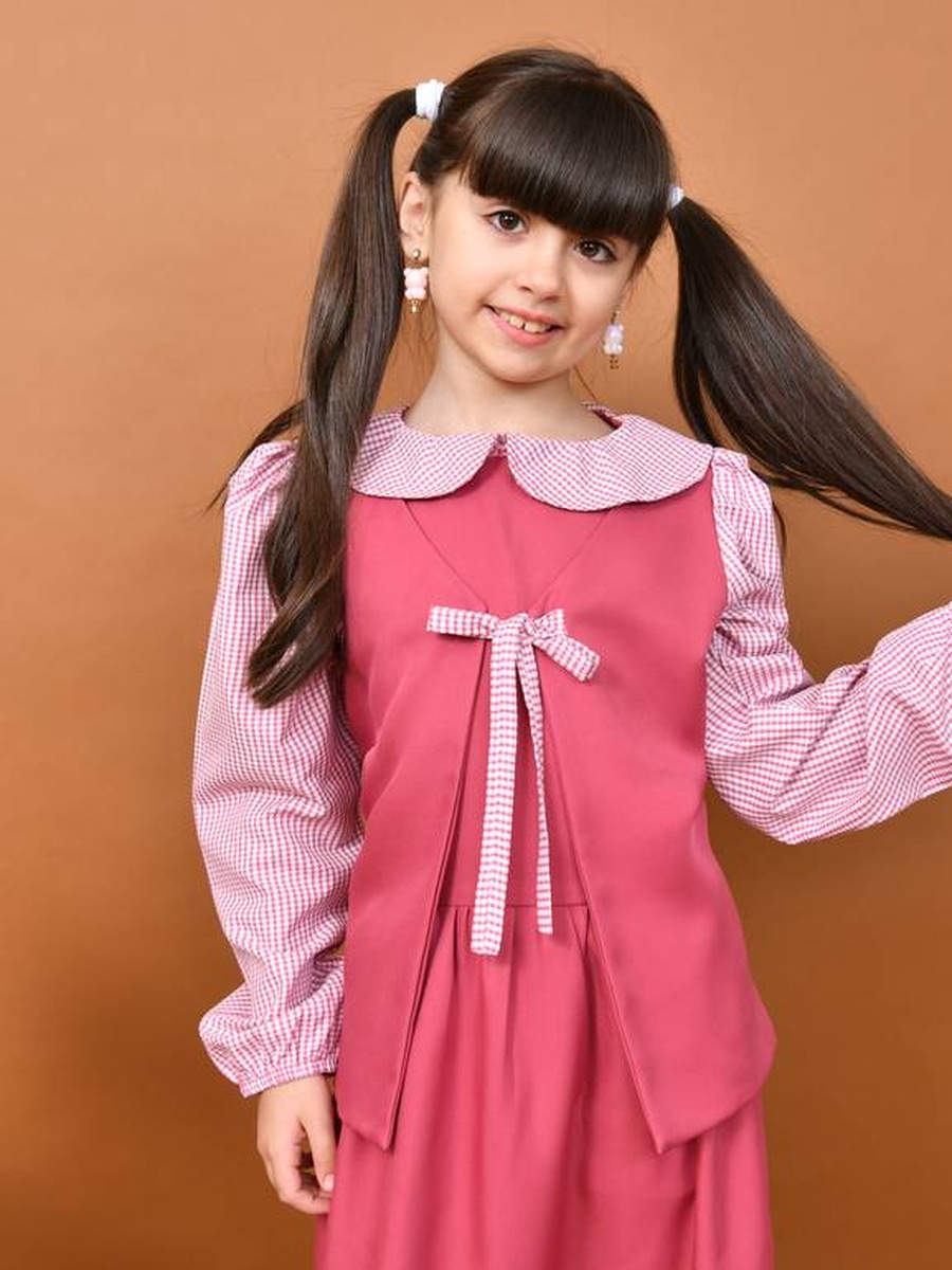 Girls Pink Checkered Detail Pinafore Dress with Vest