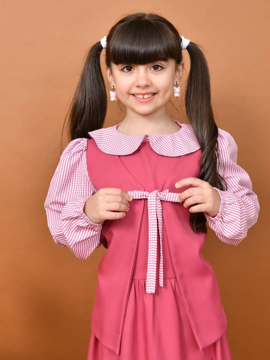 Girls Pink Checkered Detail Pinafore Dress with Vest