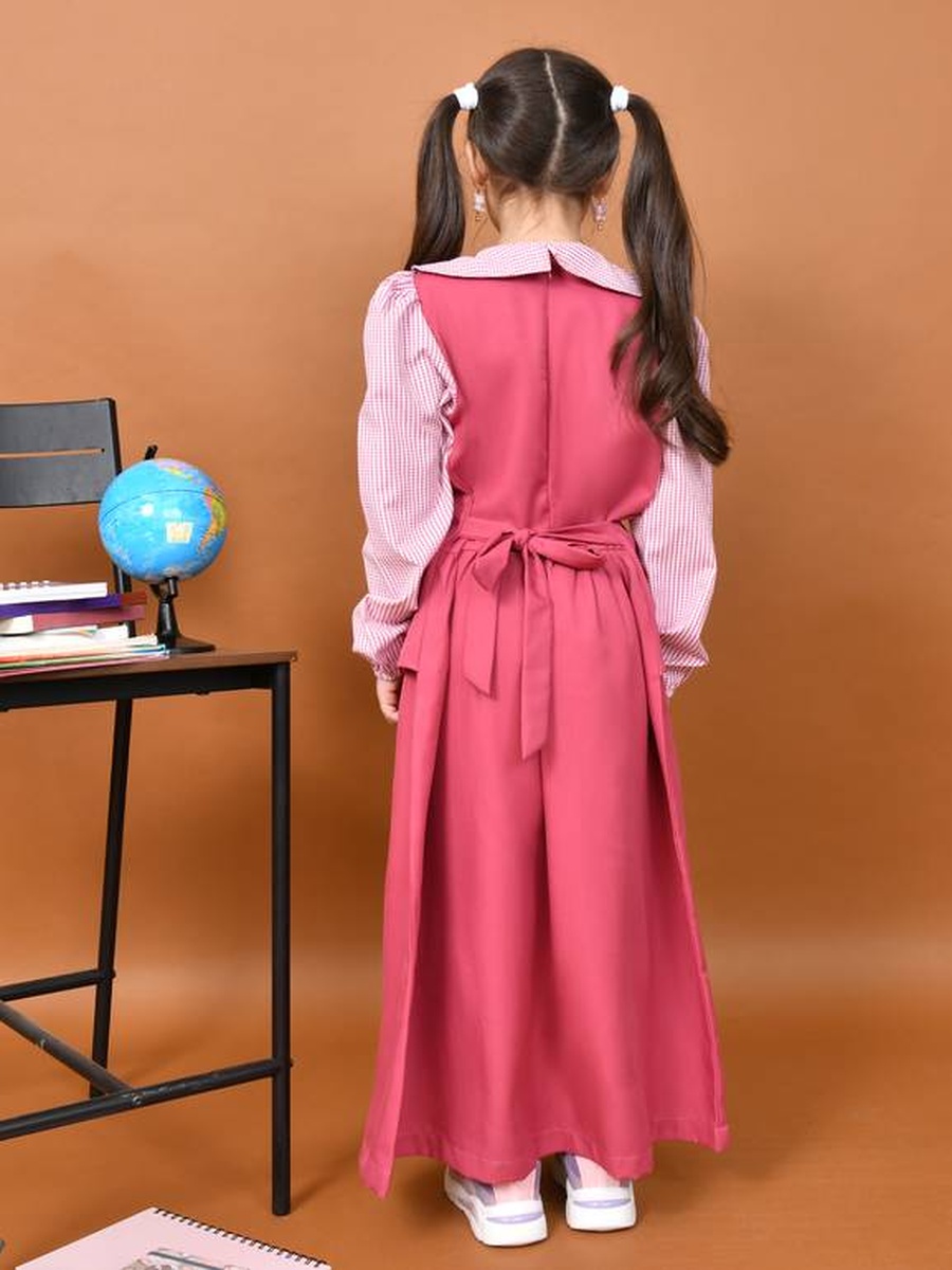 Girls Pink Checkered Detail Pinafore Dress with Vest