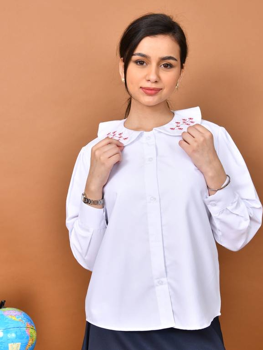 Girls White Embroidered Collar Buttoned Shirt