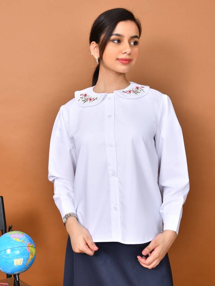 Girls White Embroidered Collar Buttoned Shirt