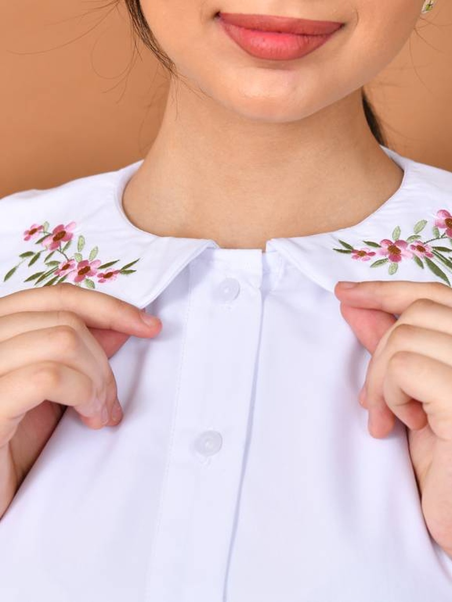 Girls White Embroidered Collar Buttoned Shirt