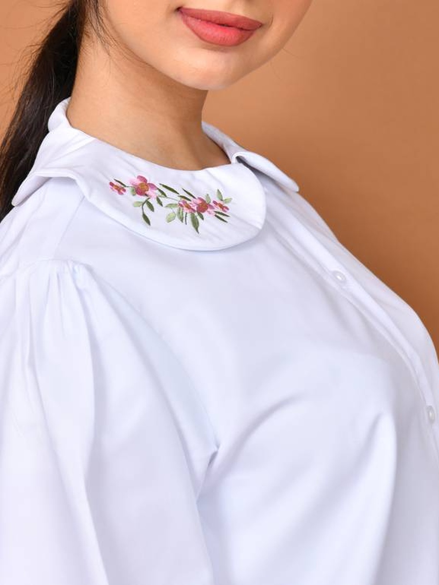 Girls White Embroidered Collar Buttoned Shirt