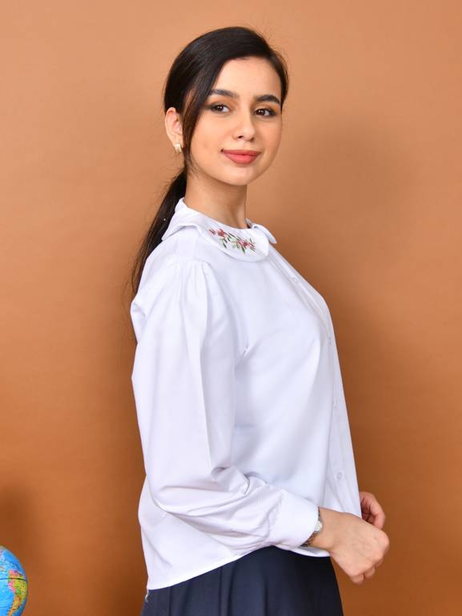 Girls White Embroidered Collar Buttoned Shirt