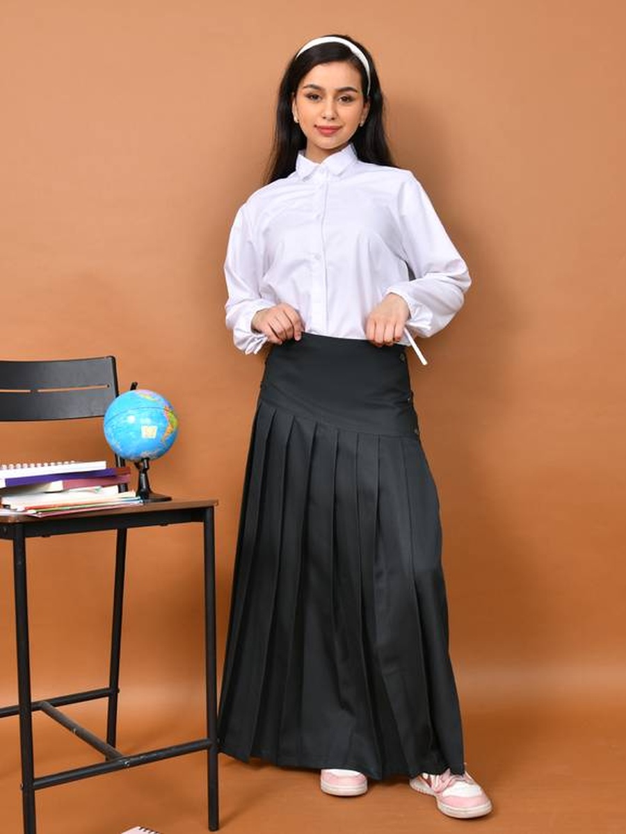 Girls Dark Green Side Button Pleated Design Skirt