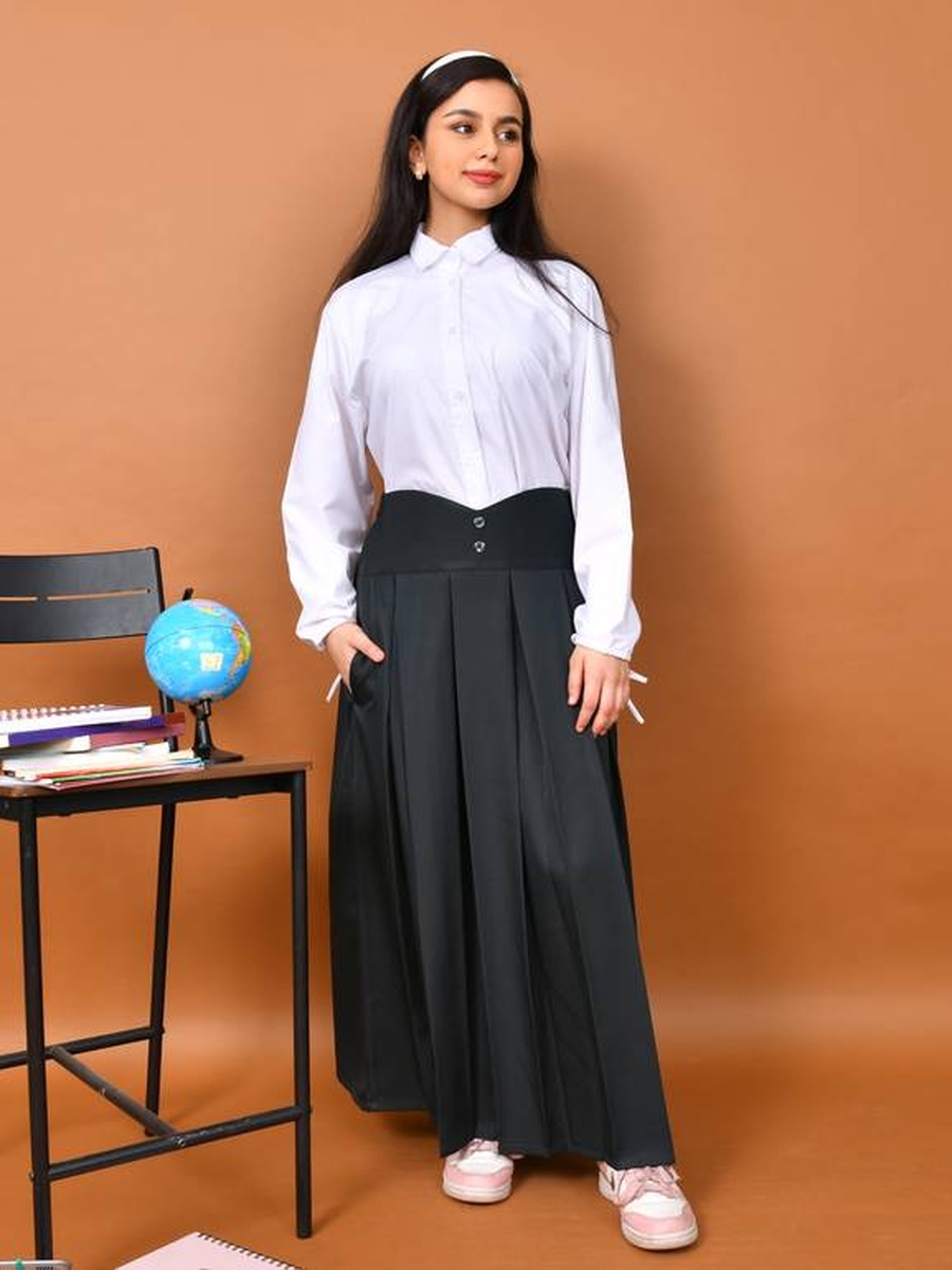 Girls Dark Green Wide Pleats  High-Waisted Skirt
