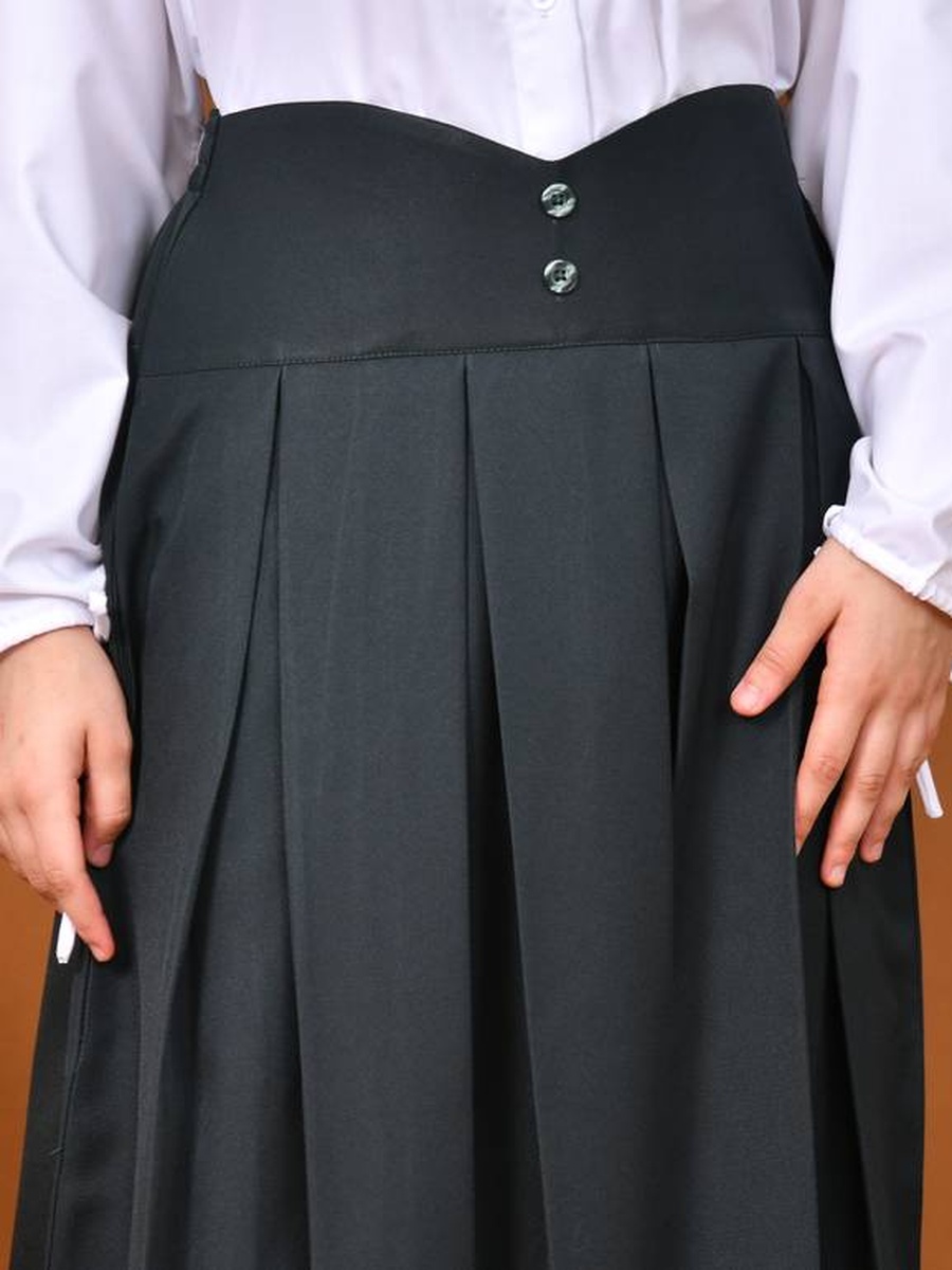 Girls Dark Green Wide Pleats  High-Waisted Skirt