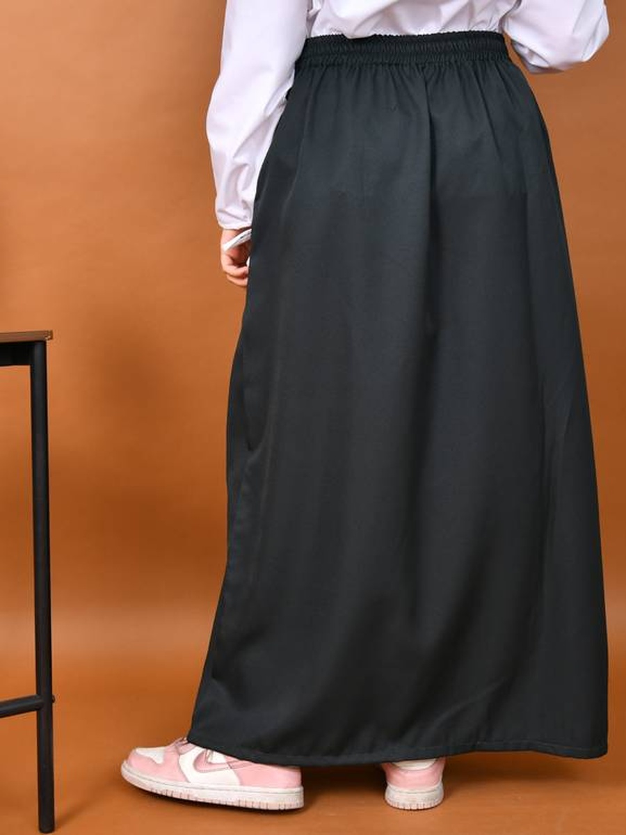 Girls Dark Green Wide Pleats  High-Waisted Skirt