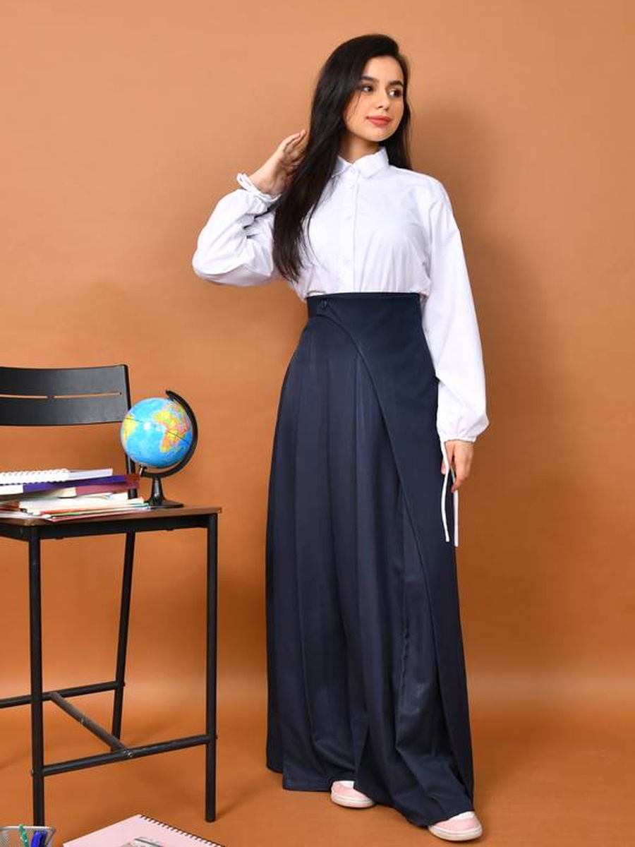 Girls Navy Blue Wide Pleat Skirt with Button-Detail