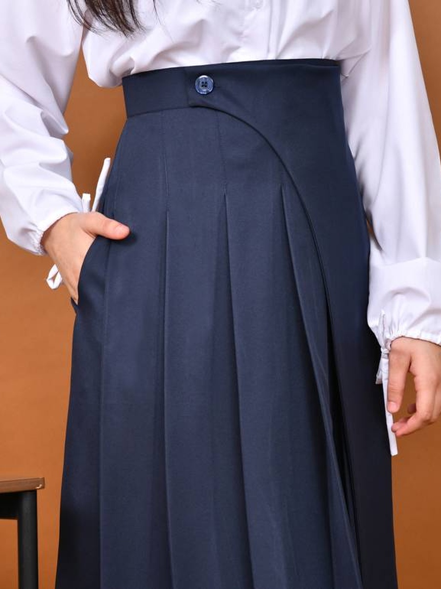 Girls Navy Blue Wide Pleat Skirt with Button-Detail