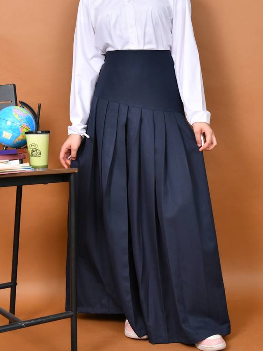 Girls Navy Blue Pleated Skirt with Side Button