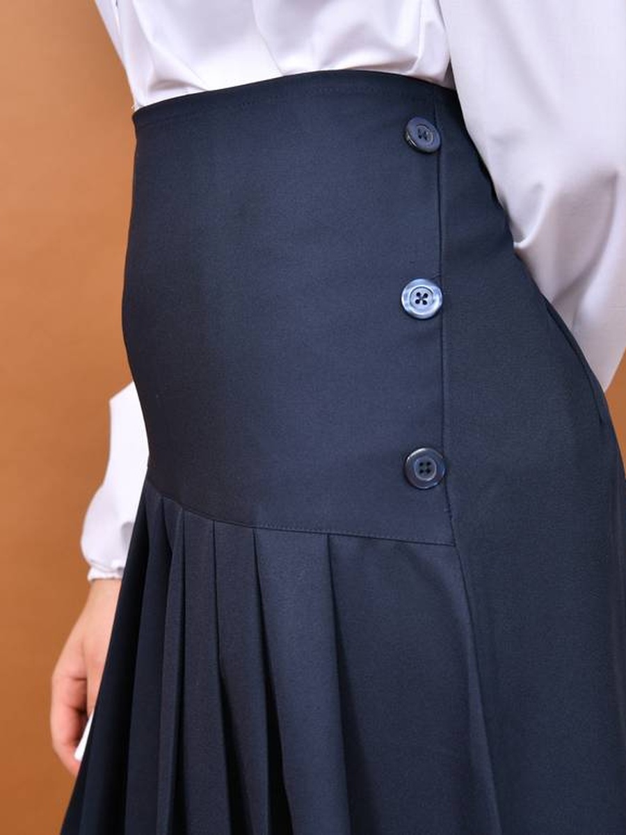 Girls Navy Blue Pleated Skirt with Side Button