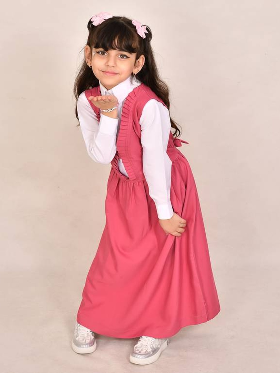 Girls Pink Ruffle Trim Pinafore Dress with Tie-Waist