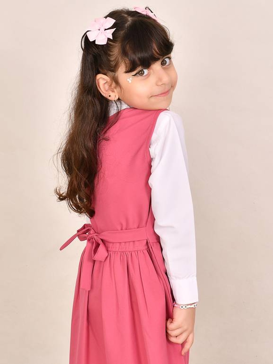 Girls Pink Ruffle Trim Pinafore Dress with Tie-Waist