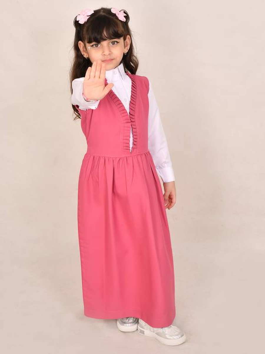 Girls Pink Ruffle Trim Pinafore Dress with Tie-Waist