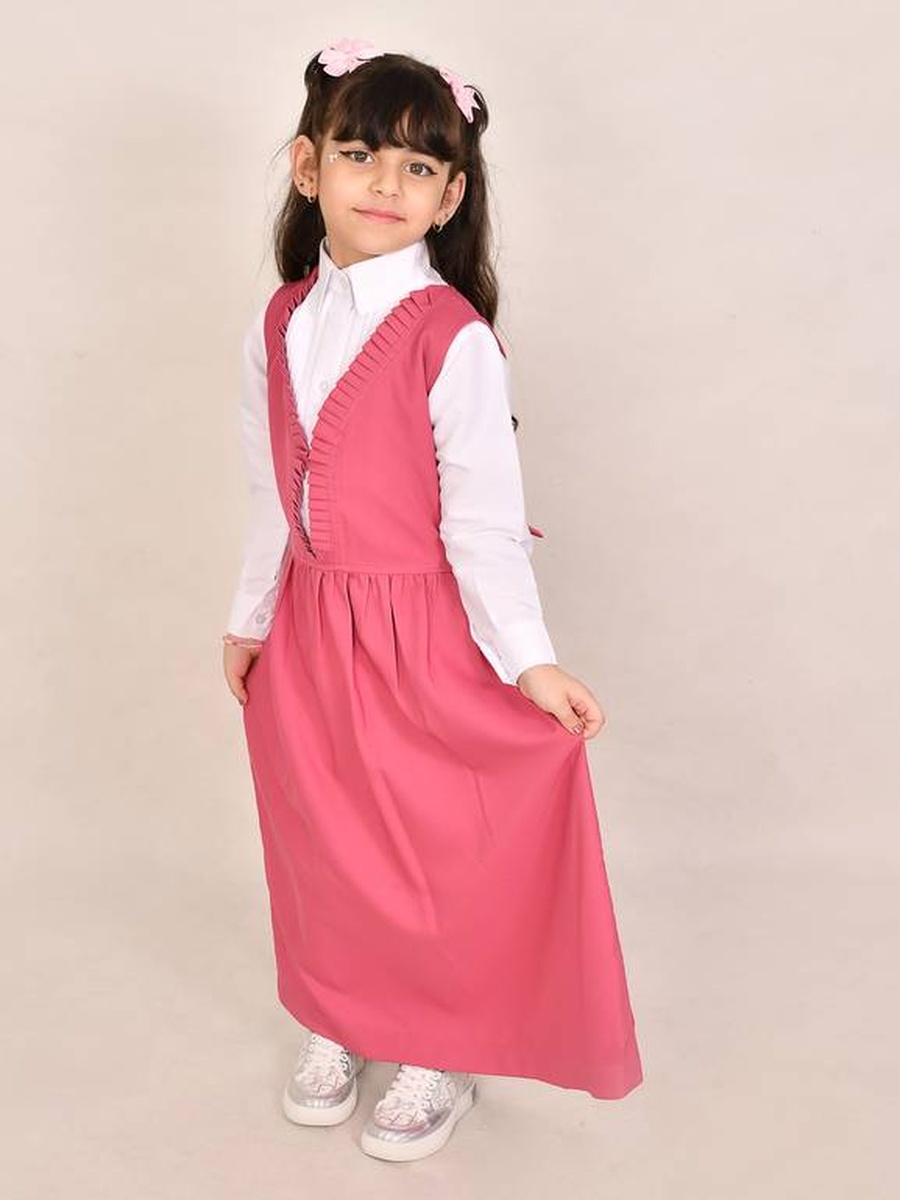 Girls Pink Ruffle Trim Pinafore Dress with Tie-Waist
