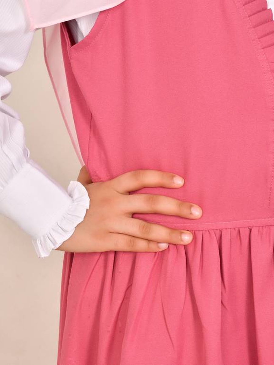 Girls Pink Ruffle Trim Pinafore Dress with Tie-Waist