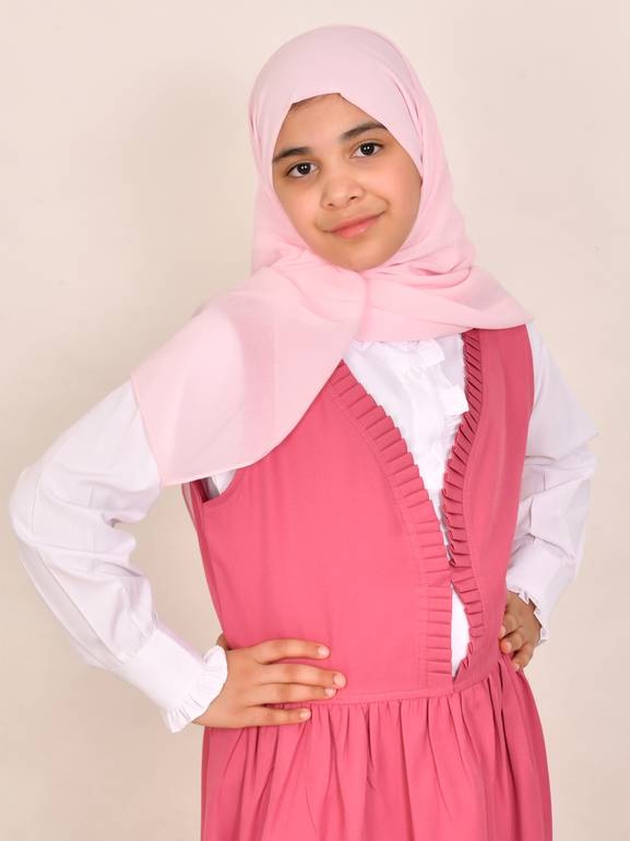 Girls Pink Ruffle Trim Pinafore Dress with Tie-Waist