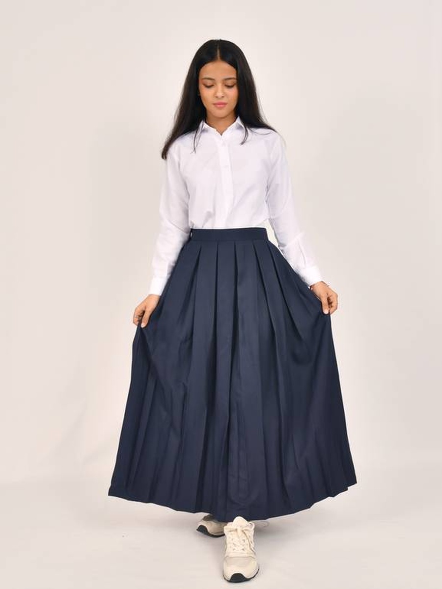 Girls Navy Fold Pleated Skirt with Hook and Loop Closure