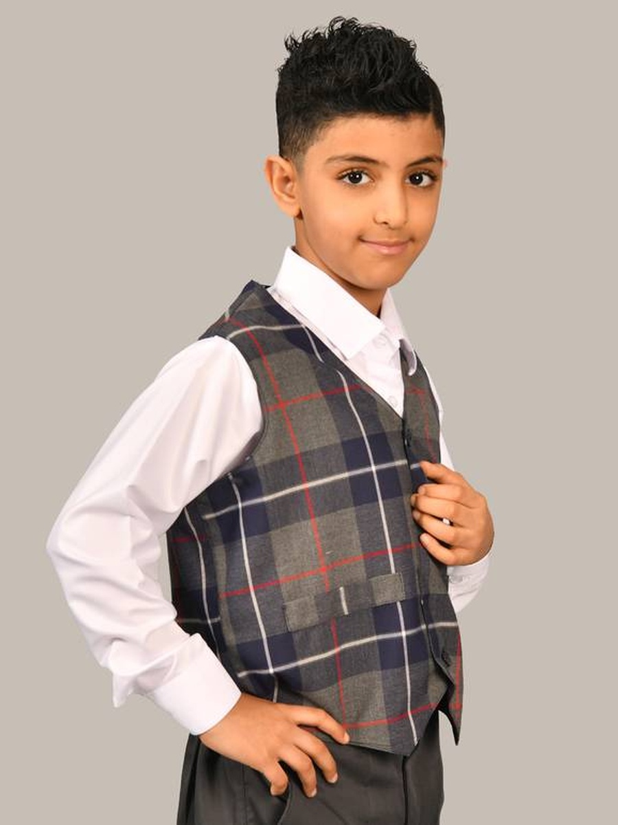 Boys Brown Plaid Waistcoat with Button Detail