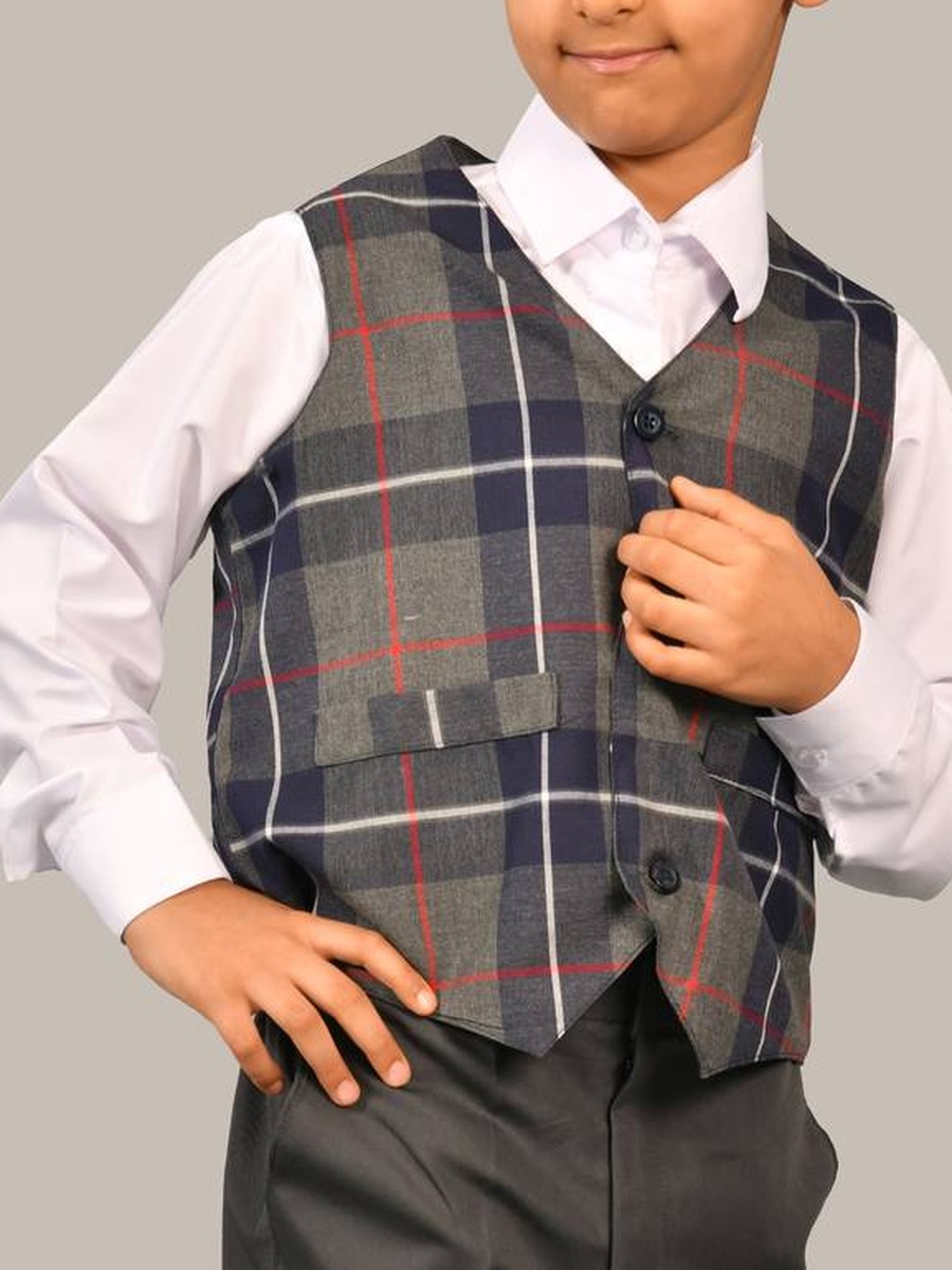 Boys Brown Plaid Waistcoat with Button Detail
